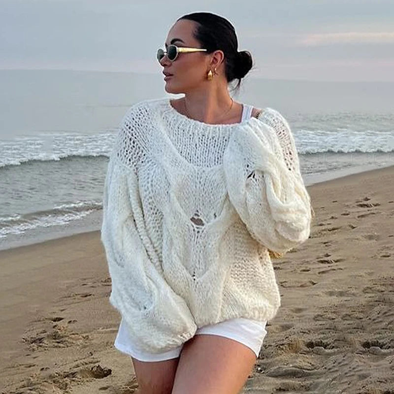 Aiertu - Women's Hand-knitted Twist Sweater Pullover Loose Fashion Versatile Long Sleeve Knitted Top Solid Color Autumn Winter New Aiertu