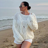 Aiertu - Women's Hand-knitted Twist Sweater Pullover Loose Fashion Versatile Long Sleeve Knitted Top Solid Color Autumn Winter New Aiertu