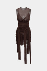 Aiertu Sheer Mesh Wrap Tie Ribbon Mini Dress Aiertu