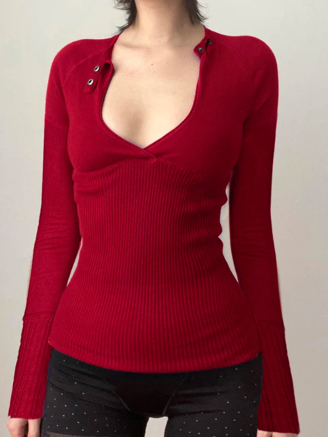 Aiertu - Retro Button-up Hollow Out Knitwear Shirts Women Casual Skinny Basic Long Sleeve Cropped Tops Streetwear Tee Shirt Lady Aiertu