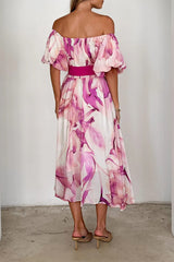 Aiertu -Elegant Floral Print Lace Up Off Shoulder A Line Dresses aiertu