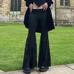 Aiertu - Women's 2025 Autumn Spring Fashion Streetwear Lady Casual Patchwork Lace Flare Pants Sexy Slim Mid-Waisted Wide Leg Pants Aiertu