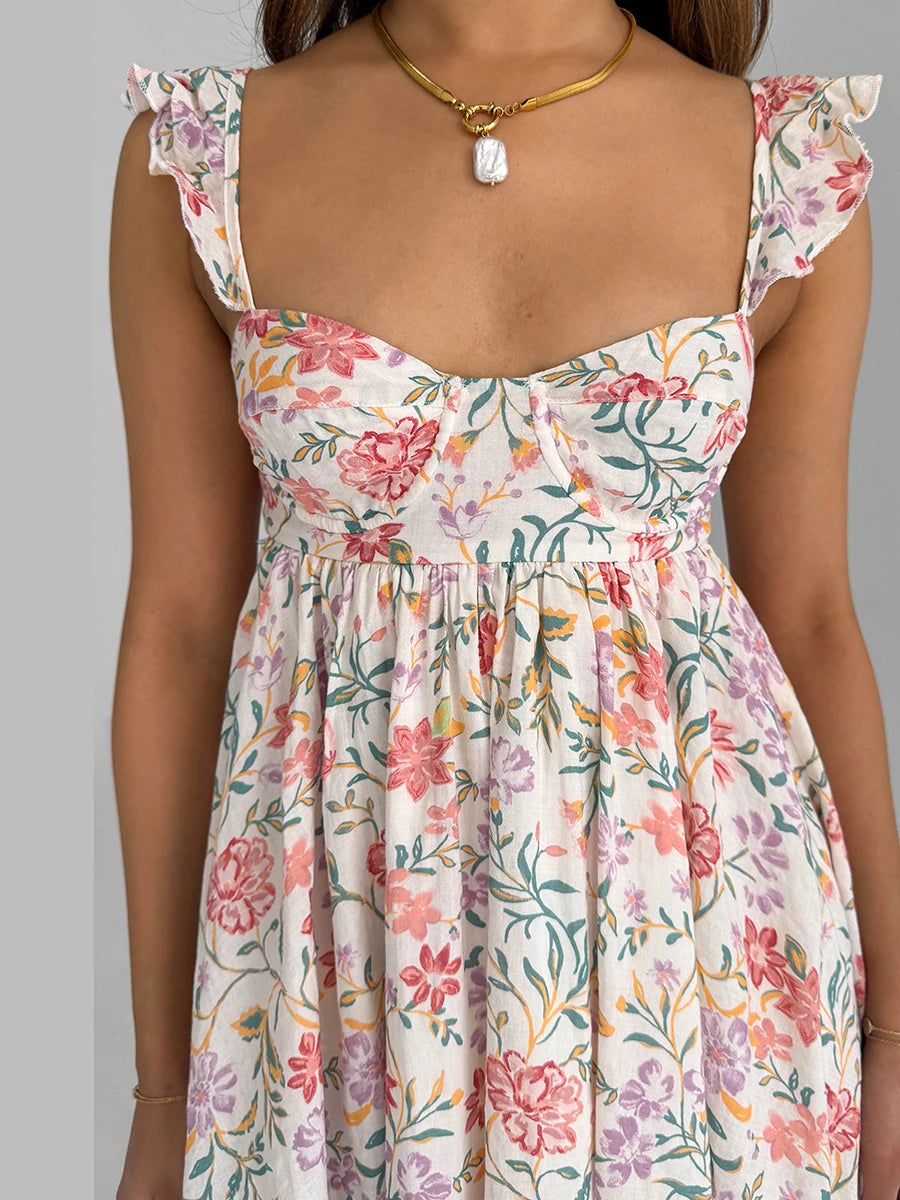 Aiertu - Women V-Neck Maxi Dress Sleeveless Ruffle Floral Print Boho Beach Dress Summer Casual Long Dress with Pockets Aiertu