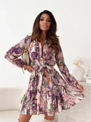 Aiertu - Autumn New V-neck Printed Long-sleeved Dress Lace-up Ruffle Edge Splicing Shirt Skirt Aiertu