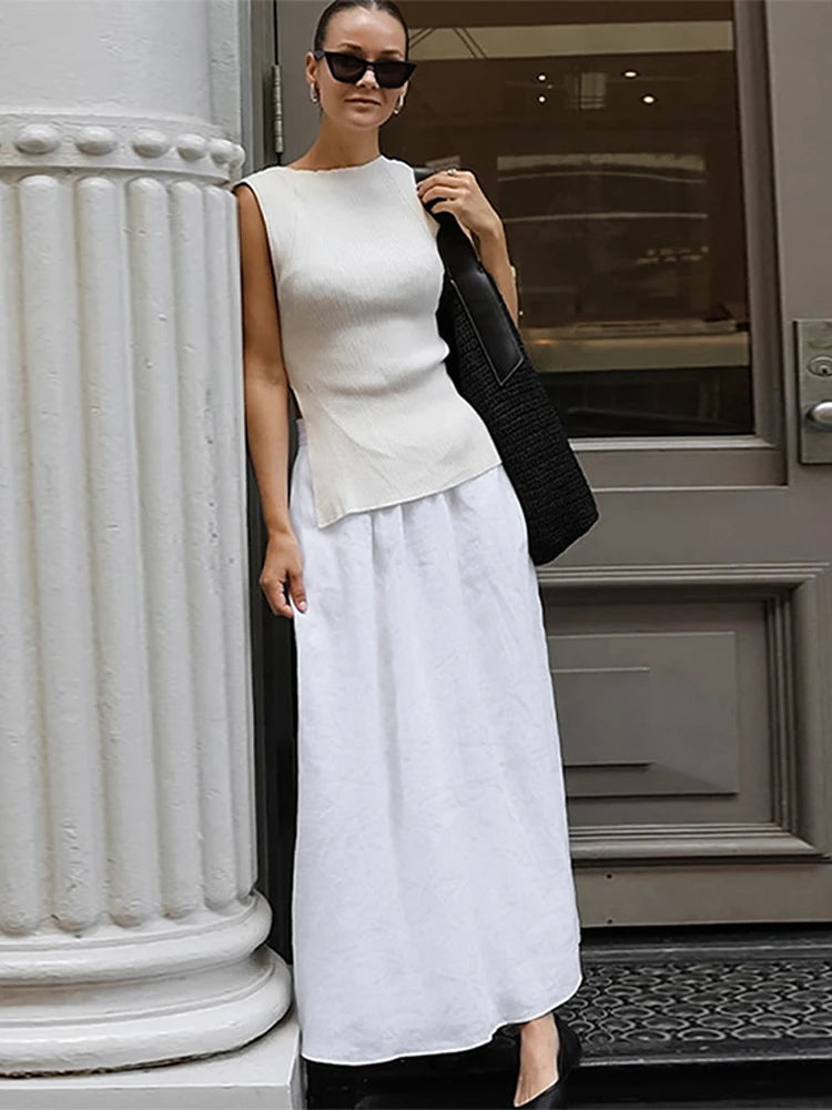 Aiertu - Solid Cotton Linen Elastic High Waist Maxi Skirt Elegant Ankle-length Pleated A-line Skirts Fashion Mid-calf Length Skirts Aiertu