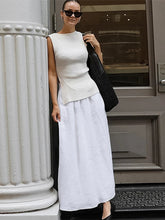 Aiertu - Solid Cotton Linen Elastic High Waist Maxi Skirt Elegant Ankle-length Pleated A-line Skirts Fashion Mid-calf Length Skirts Aiertu