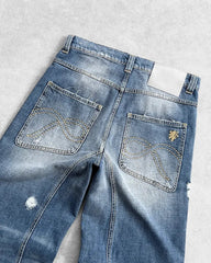 Aiertu - Hip-hop Retro Blue Spliced Harajuku Straight Jeans Men's Y2k Loose High-waisted Washed Casual Wide-leg Pants for Couples Aiertu
