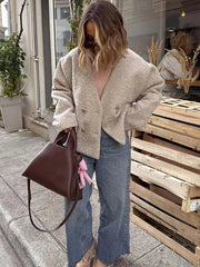 PICSGIRL - Faux Fur Jackets Women Casual Loose V Neck Double Breasted Thick Warm Coats Female Winter Fashion Solid Long Sleeves Coat Aiertu