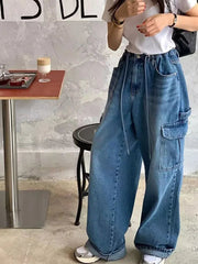 Aiertu - Y2K Jeans Women Casual Loose Drawstring High Waist Denim Pant Female Big Pockets Chic Fashion Streetwears Lady Trouser Leg Pants Aiertu