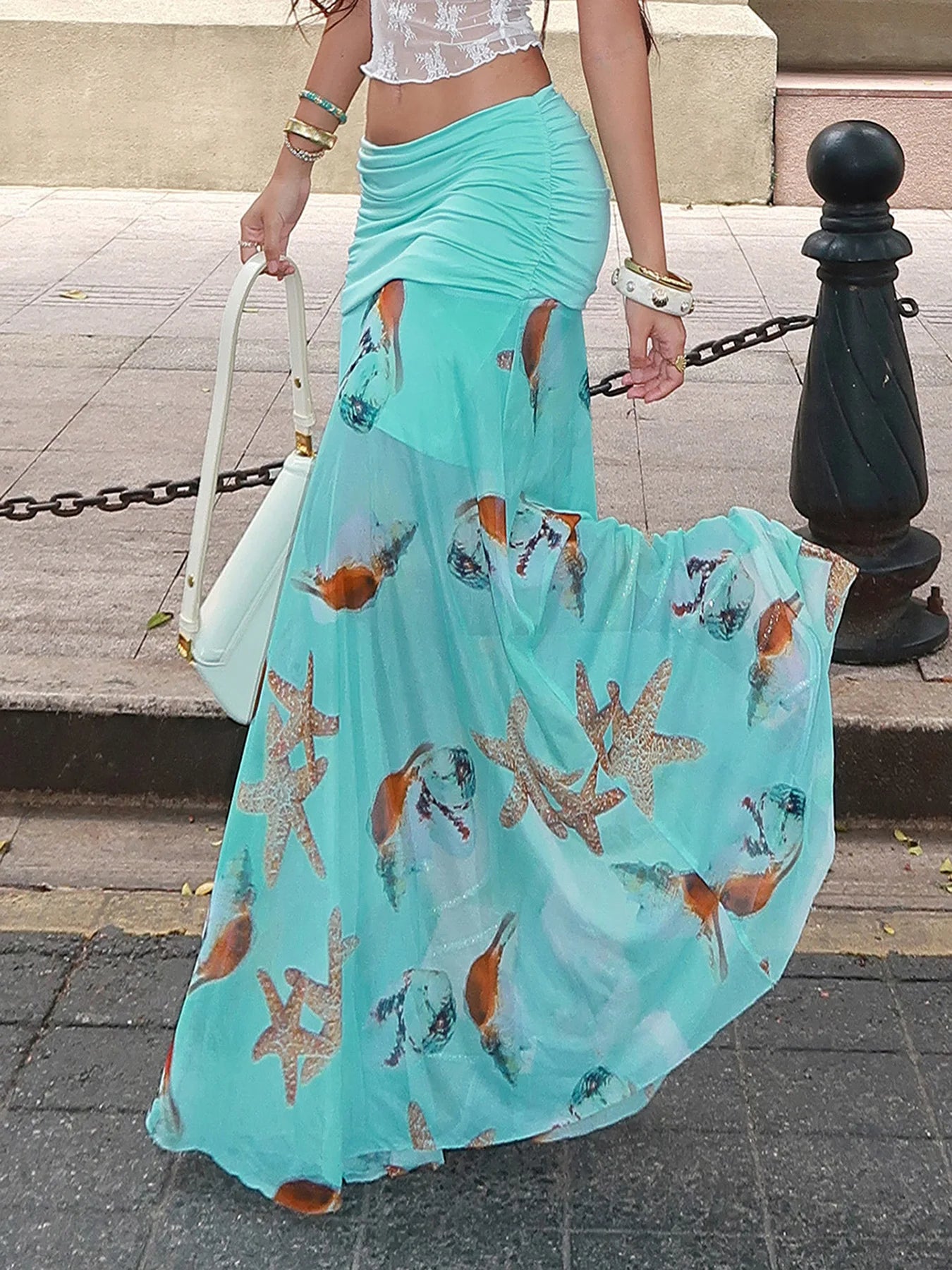 Aiertu - Holiday Floral A-Line Skirts Beach Style Casual Folds Low-Waisted Maxi Skirts Women 2025 Summer Fashion Streetwear Lady Aiertu