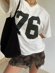 Aiertu - summer inspo Digital Print Casual Loose White T Shirts For Women V Neck Short Sleeve Preppy Streetwear Summer Top Tees Football Jersey Aiertu
