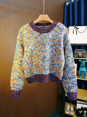 Aiertu - Chunky Wool Blended Jumper Multi Color Ombre Purple Pullover Sweater Crew Neck Cropped Knitted Tops Autumn/Winter Women Knitwear Aiertu