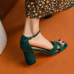 Aiertu Women Sheepsuede Buckles One Strap Sandals Cover High Heel 7 CM Summer Sandals French Style Women Shoes Open Toe Retro Shoes Aiertu
