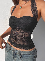 Aiertu -Solid Sheer Lace Halter TieTank Top aiertu