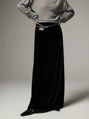 Aiertu - Maxi A-Line Skirt with Side Slit High Waist Black Long Straight Skirt Leg Velvet Drape Slimming Spring/Autumn Women Clothing Aiertu