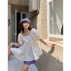 Aiertu Sweet Shirts Women Slash Neck Bandage Puff Sleeve Blouses Summer Korean Cute Off Shoulder Square Collar Loose Casual Tops Aiertu