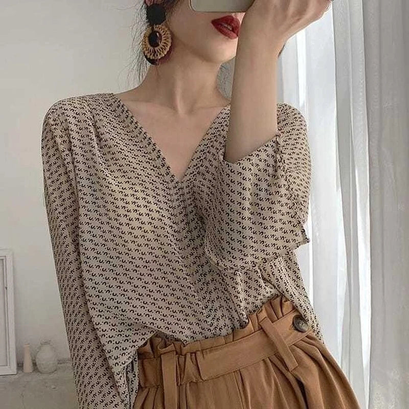 Aiertu Vintage Blouses Women Elegant V Neck Print Long Sleeve Loose Shirts Office Lady Casual Chiffon Chic Sun Protection Tops Aiertu