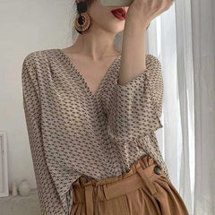 Aiertu Vintage Blouses Women Elegant V Neck Print Long Sleeve Loose Shirts Office Lady Casual Chiffon Chic Sun Protection Tops Aiertu