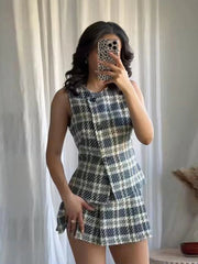 Aiertu - Sweet Plaid Sleeveless Mini Dress Set Women Two Piece Set Single Breasted Waist Slim A-line Dresses Casual Chic Female Outfit Aiertu