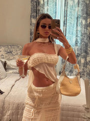 Aiertu - Beach Party Two-Piece Set See Through Scarf Mini Wrap Top Mesh Irregular Hem+Multi-Pleated Bottoms Matching Pretty Suits Aiertu