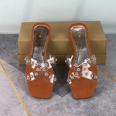 Aiertu - Transparent PVC Flat Slippers for Women 2025 Square Toe Outdoor Fashion Cross Design Female Slides Plus Size Summer Beach Shoes Aiertu