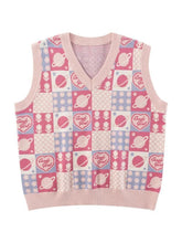 Aiertu - Kawaii Preppy Style Sweater Vest Y2k Women Sweet Pink Loose Floral V-Neck Knitted Pullover Sleeveless Plaid Outerwear Aiertu