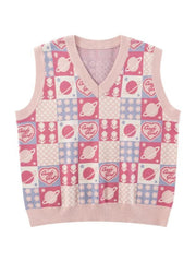 Aiertu - Kawaii Preppy Style Sweater Vest Y2k Women Sweet Pink Loose Floral V-Neck Knitted Pullover Sleeveless Plaid Outerwear Aiertu