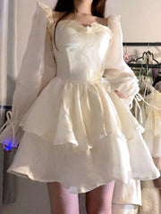 Aiertu 2025 Spring Pure Color French Fairy Mini Dress Y2k Party Slim One Piece Dress Korean Design Lace Sweet Sexy Women Dress Lolita Aiertu