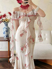 Aiertu - Women Off Shoulder Ruffle Maxi Dress Elegant Floral Print Slim Fit Long Dress Vintage Fairy Style Summer Party Dress 2025 New Aiertu