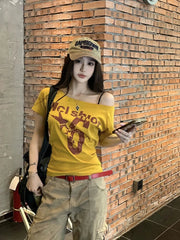 Aiertu - Y2k Sport Summer Off shoulder Top Women Sexy Vintage 2000s Short sleeve T shirt Lady Body Basic Crop Top Female Casual Aiertu