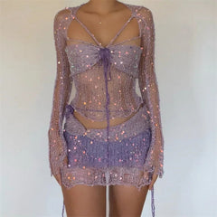 Aiertu - Knitted Skirt Sets Sequins Two Pieces Set Long Sleeve Crop Top and Skirt Suit Glitter Sets Sexy Crochet Matching Sets for Women Aiertu