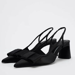 Aiertu - Pointed Toe Women's Office Shoes 2025 Spring Black Retro Bow Decoration High Heels Shallow Slingbacks Elegant Ladies Pumps Aiertu