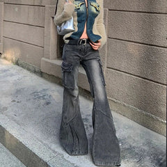 Aiertu - Fashion Streetwear Side Pockets Cargo Denim Pants Swxy Low Waist Punk Harajuku Women Trousers Y2k Aesthetic Flare Long Bottoms Aiertu