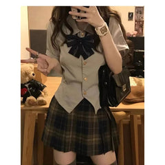 Aiertu Summer Japanese Fashion Lapel Bow Short Top Plaid Pleated Skirt Jk Suit 2pcs Women Korean Girls School Uniform Plus Size XL Aiertu