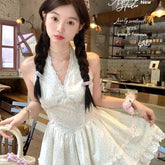 Aiertu - Sweet Hot Girl Pure Desire Halter V-neck Sleeveless Lace Edges Dresses Women Summer Dot Print Waist Slimming Short A-line Dress Aiertu
