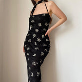 Aiertu - Back Slit Velvet Halter Maxi Dress Aiertu