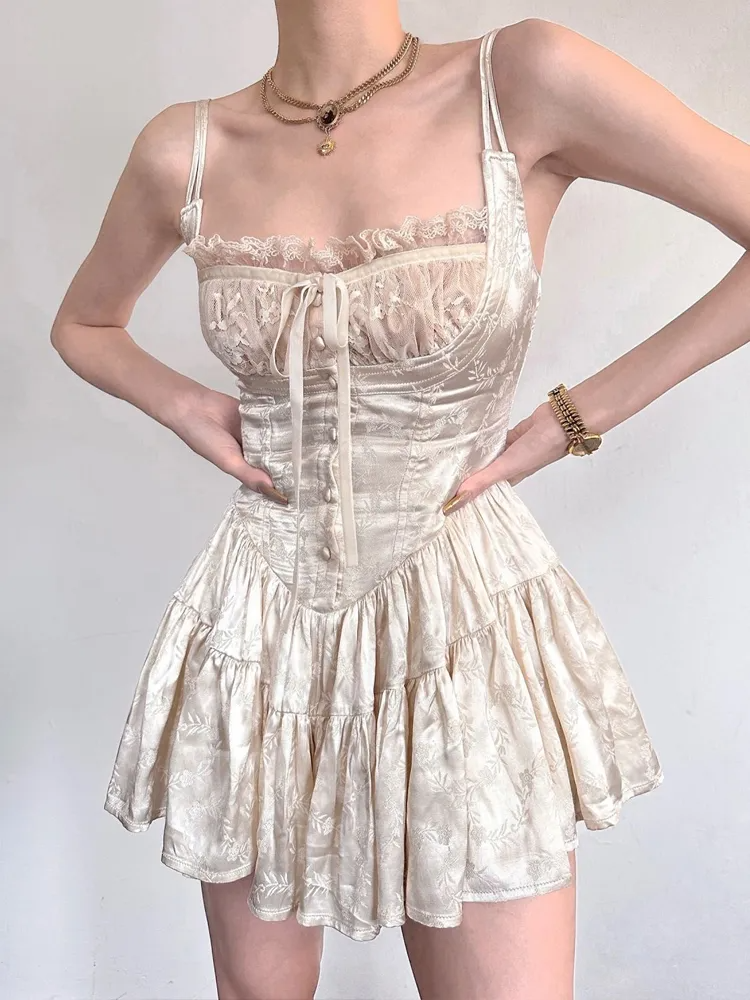 Aiertu - Sexy Solid White Stitching Lace Bra Corset style Spaghetti Strap Mini Dress Women Backless Party Skater Short Sling Robe Aiertu