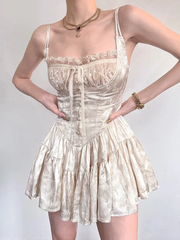 Aiertu - Sexy Solid White Stitching Lace Bra Corset style Spaghetti Strap Mini Dress Women Backless Party Skater Short Sling Robe Aiertu
