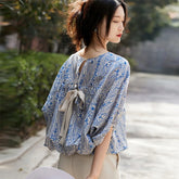 Aiertu Elegant Blouses Women Vintage Bow Bandage Print Shirts Office Lady Summer Korean Batwing Sleeve Casual All Match Chic Tops Aiertu
