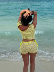 Aiertu - Sexy Summer Crochet Women 2 Piece Set Thin Beach Vacation Hollow Tank Tops+Shorts Stretch Matching Streetwear Outfits Aiertu