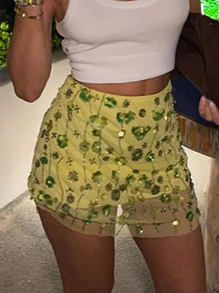 Aiertu - Y2k Sequins Glitter Hip Package Mini Skirt Chic Beaded Embroidery Short Skirts For Women 2025 Summer New Party Club Female Skirt Aiertu