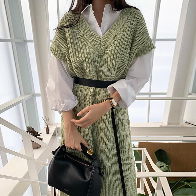 Aiertu - Long Seeve Shirt Split Knit Vest Dress Suit Aiertu