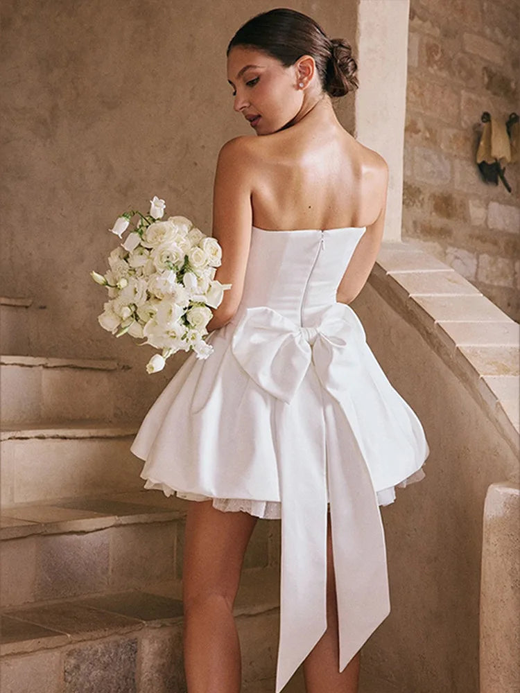 Aiertu - Elegant White Bow Lace Patchwork Mini Dress Sexy Off Shoulder Backless Sleeveless A Line Dresses 2026 Elegant Lady Party Robes Aiertu