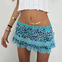 Aiertu - Vintage 90s Aesthetic Mini Skirt Coquette Women Fairy Lace Trim Low Rise Short Skirt Y2k Leopard Print Tiered Miro Pencil Skirt Aiertu
