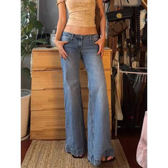 Aiertu - American Vintage Washed Low-rise Flared Jeans Stylish Street Chic Low Rise Jeans Hot Girl Simple Casual Trousers Pants Women Aiertu