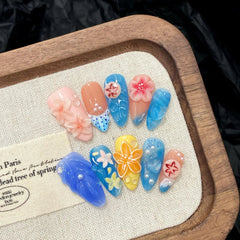 Aiertu - 10pcs Almond Handmade False Nail Art Butterfly Flower Design Press on Fake Nails Tips Wearable French Colorful Mid-length Nails Aiertu