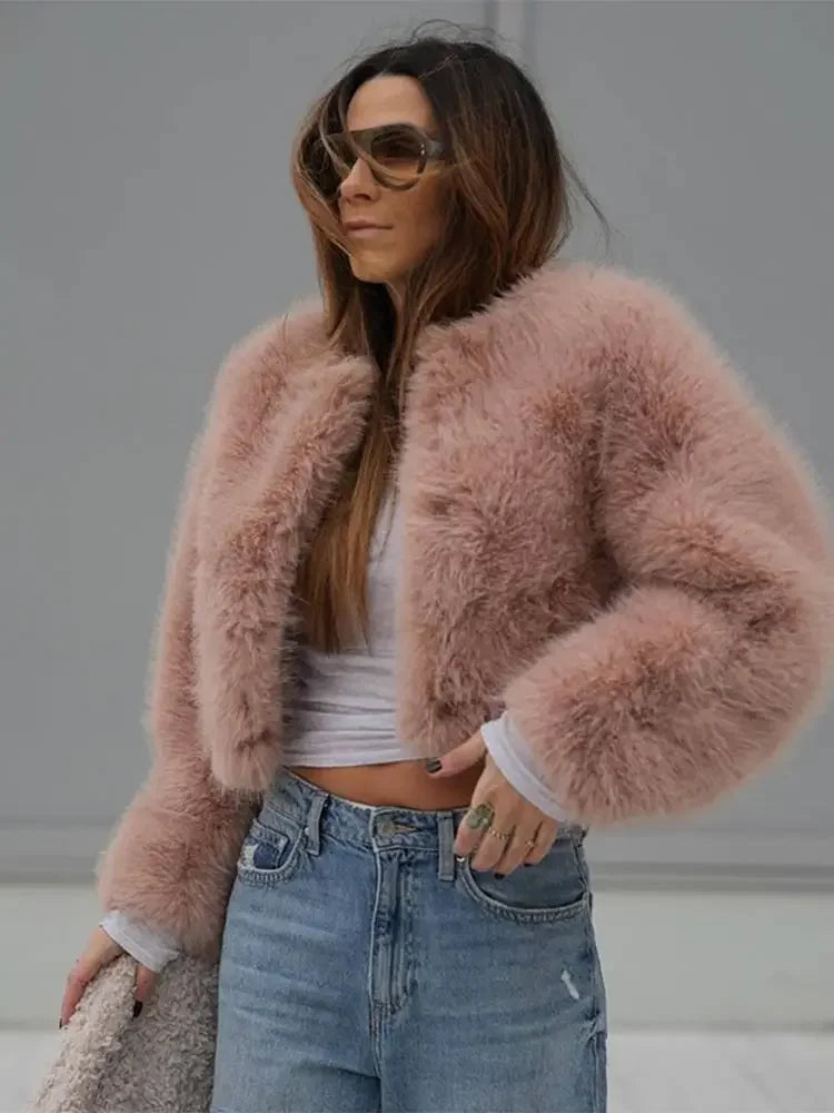 Aiertu - Luxury Faux Fur Short Jacket Fashion 2026 Women Autumn Winter Warm Long Sleeve Coat Elegant Female Commute Cardigan Outwear Aiertu
