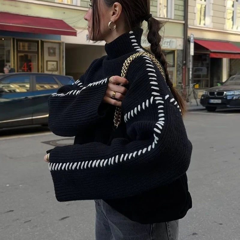 Aiertu - Contrast Patchwork Topstitch Sweater Female Pullovers 2026 Autumn Round Collar Warm Knitted Top Chic Long Sleeve Loose Aiertu