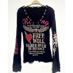 Aiertu - American Gothic Lettering Printed Long-sleeved T-shirt Women Retro Millennium Babes Rock Sexy Casual Harajuku Casual Y2K Top Aiertu