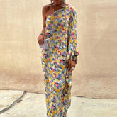 Aiertu - Summer Sexy Diagonal Collar Loose Party Dress Women Fashion Pattern Print Holiday Long Dress Casual Flared Sleeves Maxi Dresses Aiertu